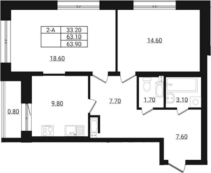 2-комнатная квартира 63.9 м², 5/9 эт., ЖК «Эко Гармония»